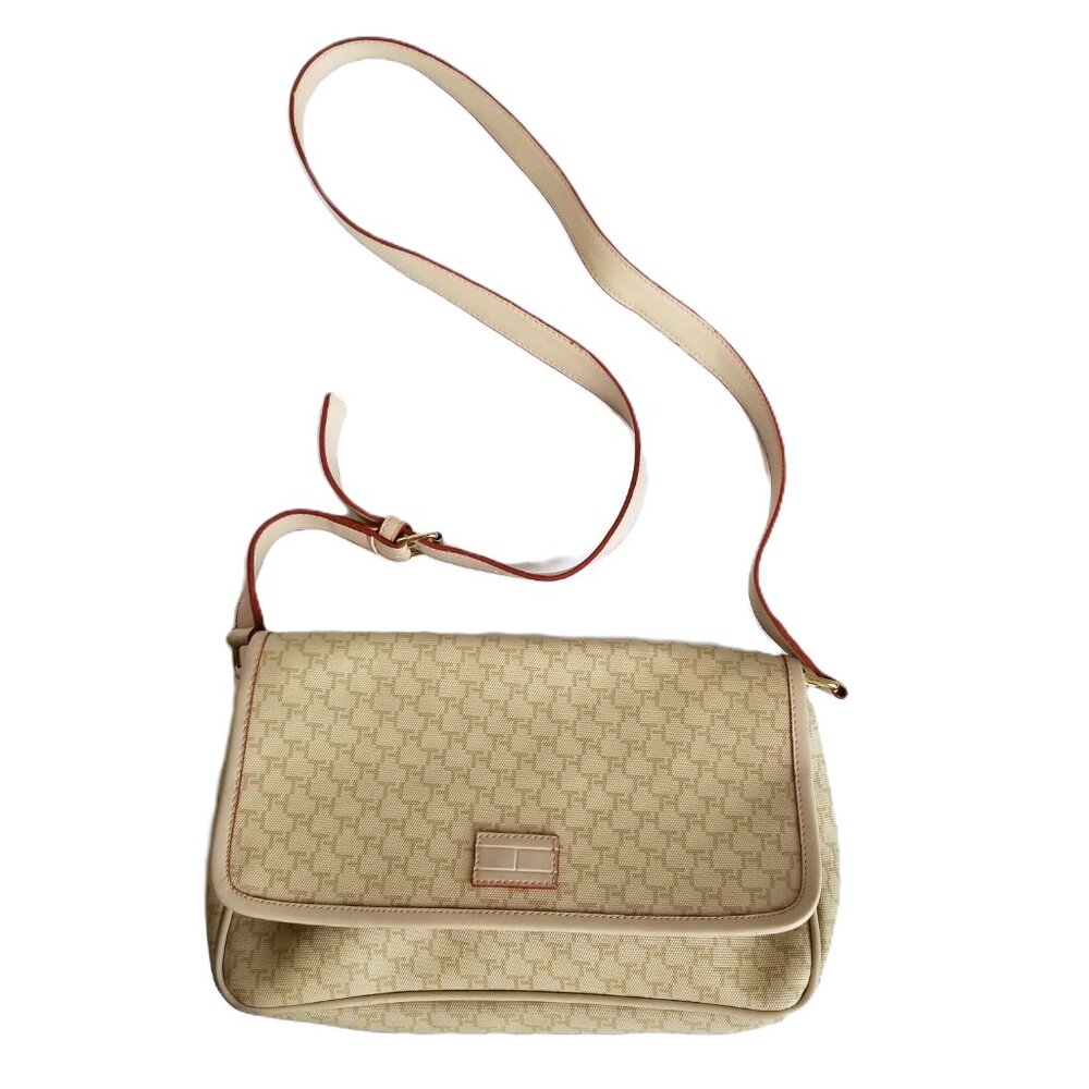 Tommy Hilfiger Signature Monogram Canvas Crossbody Bag Beige Brown Red Preppy